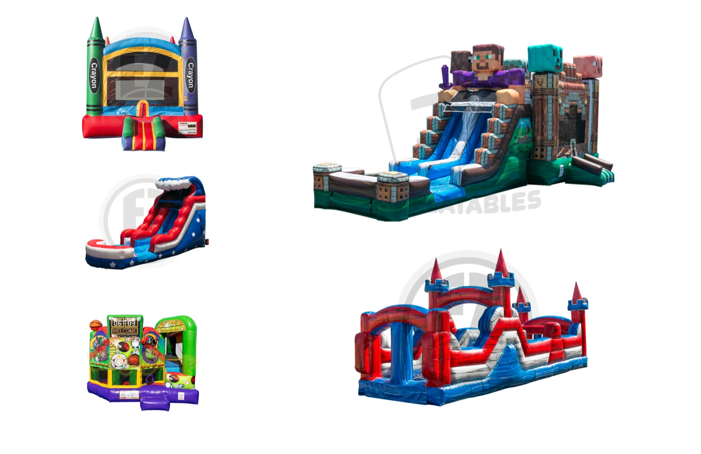 Pro Pack — large bouncer, 5-in-1 combo, 15ft water slide, large wet/dry combo, 30ft obstacle course