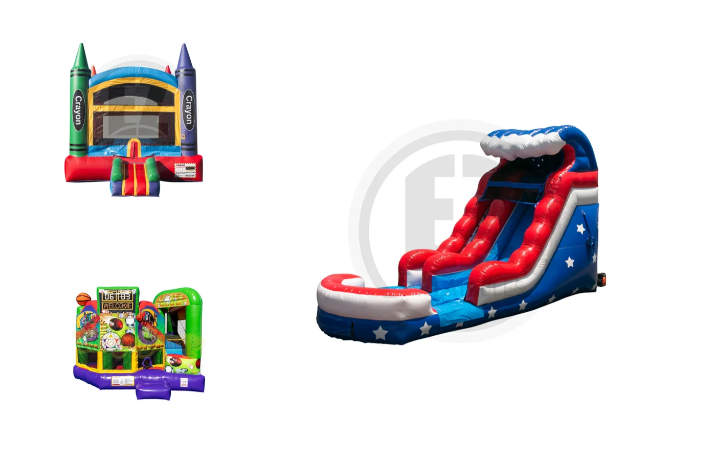 Starter Pack — large bouncer, 5-in-1 combo, and 15ft water slide